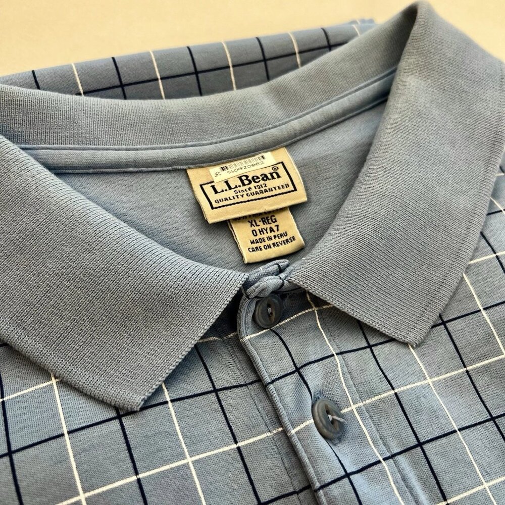 LL Bean Mens Polo Blue Shirt Size XL Geometric Pima Cotton Made in Peru